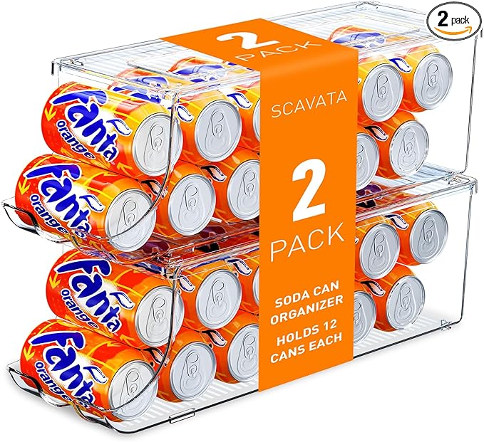 2 Pack Soda Can Organizer for Refrigerator, Stackable Canned Food Pop Cans Container Can Holder Dispenser with Lid for Fridge Rack Freezer, Clear Storage Bins-Holds 12 Cans Each (Clear)