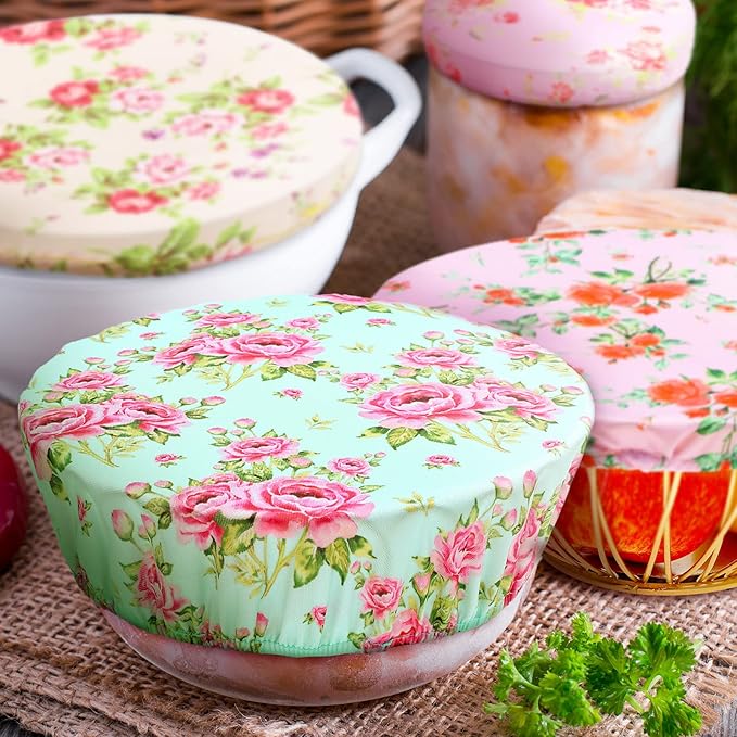 Patelai 10 Pcs Bowl Covers Reusable in 5 Size Stretch Cloth Fabric Elastic Food Storage Bowl Covers Bread Sourdough Lids for Proofing Food Fruits Leftover(Floral Style)