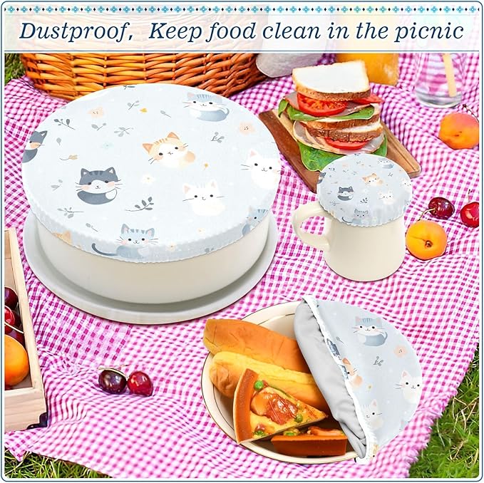 5 Pcs Bowl Covers Reusable in 5 Size Elastic Food Cover Cloth Lids Fresh Keeping Dish Cookware Bakeware Fabric Covers Lids for Food Leftovers Fruits Storage Blue Cats Flowers