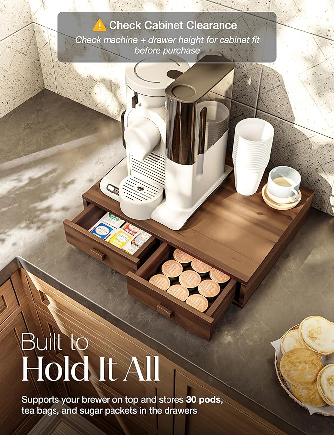 Tinamo Acacia Wood Coffee Pod Storage Drawer for K-cup Holder, Coffee Pod Drawer for Nespresso Pods Holder - Coffee Pod Holder with Drawers, Coffee Station Organizer for K Pod Holder (Walnut color)