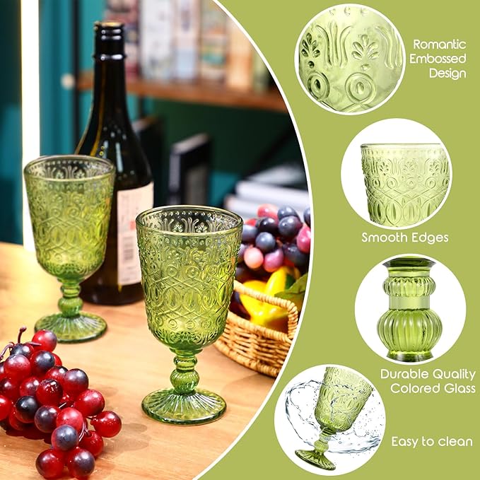 Eaasty Wine Glasses Set of 12 Vintage Goblet 9 oz Vintage Colored Glass Goblet Beverage Stemmed Glass Cups Romantic Embossed Glassware for Wedding Party Holidays Anniversary (Green)