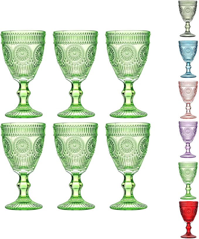 Green Vintage Wine Glasses Set of 6, 10 Ounces Colored Glass Water Goblets, Unique Floral Embossed Pattern High Clear Stemmed Glassware Wedding Party Bar Drinking Cups Fancy Glasses Hand Wash Only