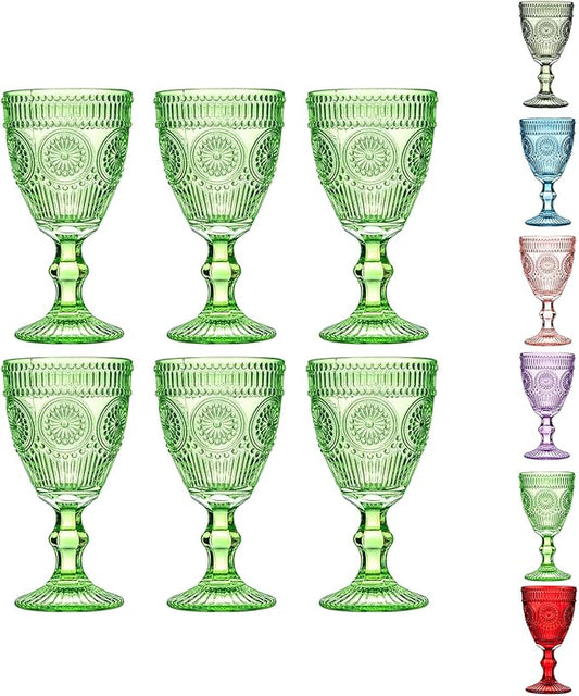 Green Vintage Wine Glasses Set of 6, 10 Ounces Colored Glass Water Goblets, Unique Floral Embossed Pattern High Clear Stemmed Glassware Wedding Party Bar Drinking Cups Fancy Glasses Hand Wash Only