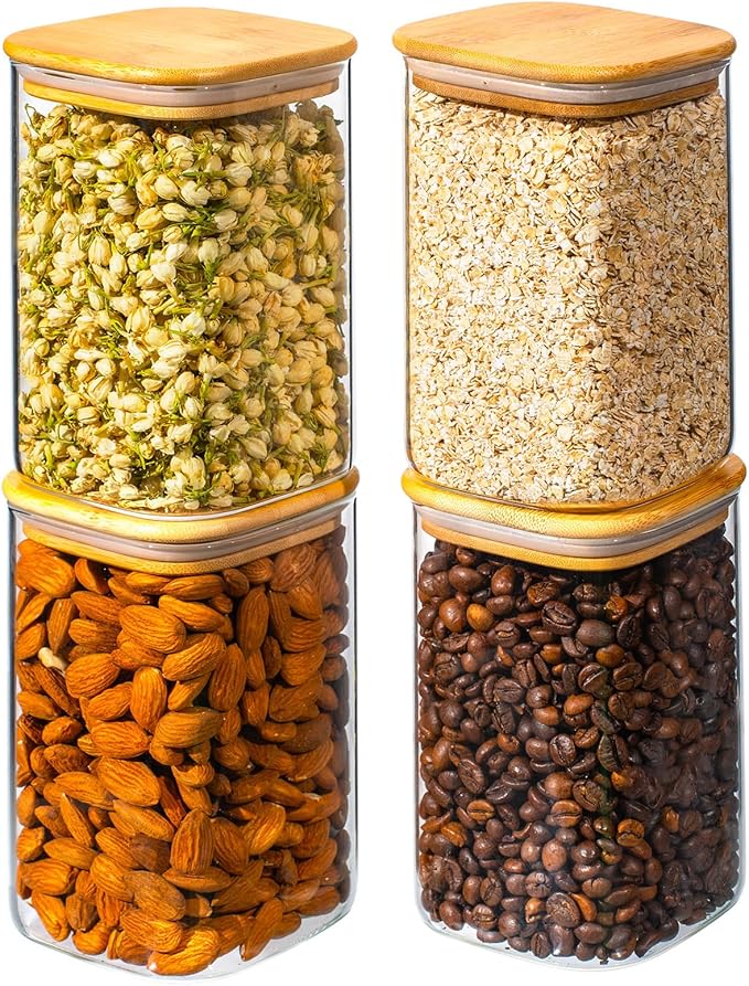 37oz 4PCS Glass Storage Containers with Lids, Glass Jars with Lids Pantry Food Storage Jars, Square Canister For Cookie, Nuts, Snack, Cereal, Candy, LeafTea, Coffee, Spice