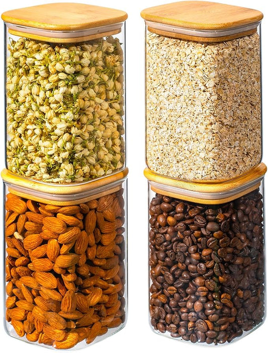 37oz 4PCS Glass Storage Containers with Lids, Glass Jars with Lids Pantry Food Storage Jars, Square Canister For Cookie, Nuts, Snack, Cereal, Candy, LeafTea, Coffee, Spice