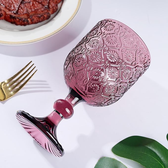 Joeyan Vintage Glass Wine Goblet,Embossed Floral Stemmed Wine Glasses,Colored Drinking Cups,Heavy-Duty Glassware for Wedding Party Bar,Multicolor,12 oz,Set of 4,Dishwasher Safe