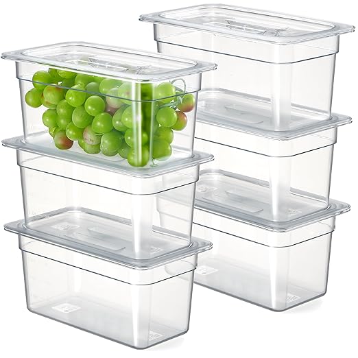 CURTA 6-Pack 1/3 Size 6" Deep NSF Polycarbonate Food Pans with Handled Lids & Drain Trays | Dishwasher & Freezer Safe Clear Container for Prep Tables, Buffet, Salad Bar, Commercial Kitchen