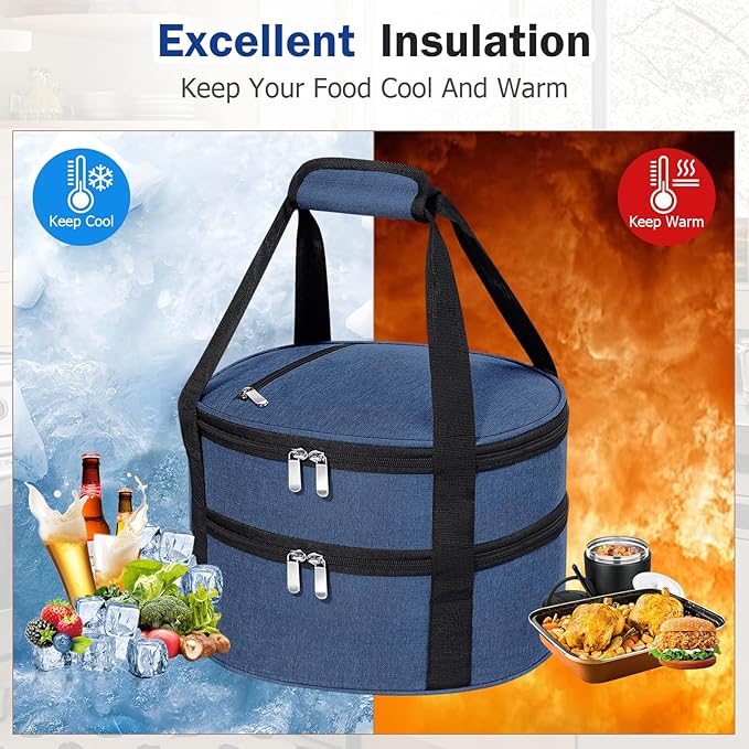 Round Double Insulated Casserole Carrier, Pie Carrier Bag, Portable Casserole Carrier for Hot or Cold Food Lunch Tote, Lunch Bag for Parties Picnic, Fits 12.5" Baking Dish, Navy Blue