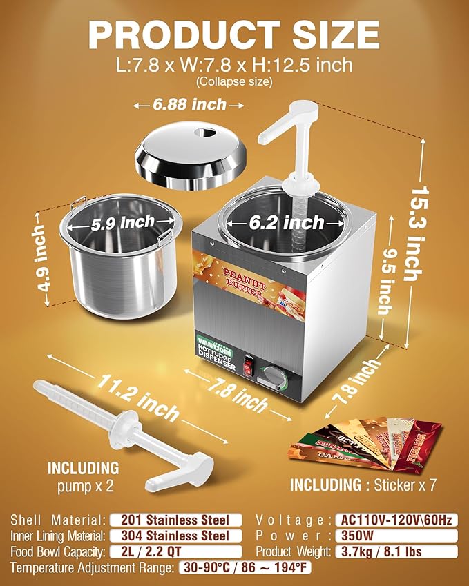 WantJoin Nacho Cheese Dispenser with Pump - 2.2Qt Nacho Cheese Warmer, Commercial Hot Fudge Dispenser W/5-Level Temperature Adjustment for Stainless Steel Hot Fudge Warmer, Cheese Caramel