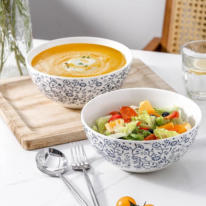 ramen bowl, salad bowl，mixing bowls，ceramic bowls, large cereal bowls, Large Soup Bowl, Pho Bowls, Fruit, Microwave Dishwasher Safe, 7 inch Blue and White 2 pack