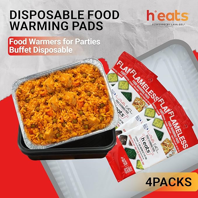 Self-Heating Buffet Kit – Flameless Food Warmer Set for Parties – Includes 4 Trays, 4 Half-Size Heat Pads & Foil Pans – Keeps Hot Food Hot for up to 3 Hours – Gel Fuel Can Alternative