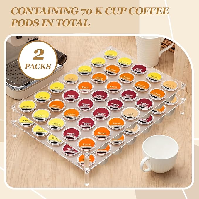 2 Pcs 35-slot Acrylic Coffee Cup Drawer Organizers, Clear Coffee Pod Holder for Countertop Hold 70 Pod Storage, Cup Organizer Tray for Kitchen and Office