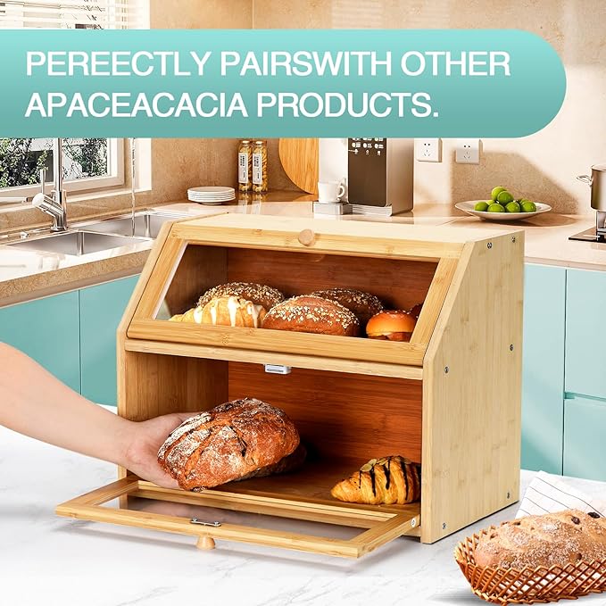 Bread Box for Kitchen Countertop Double Layer,Wooden Extra Large Storage Bin,boxes for kitchen counter Capacity Bin Kitchen Food Storage Container（Natural Wood Color）