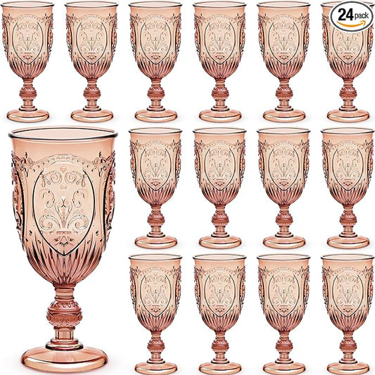 24 Pcs Plastic Goblets 7.5oz Vintage Goblet Plastic Wine Glasses Colored Retro Embossed Water Goblets for Wine Bar Juice Baby Shower Wedding Reception Grand Event Party (Rose Gold)