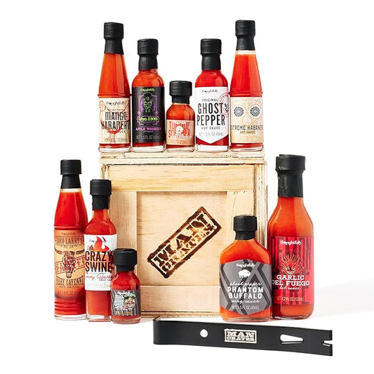 Man Crates, Gourmet Hot Sauce Gift Set for Men – 10-Pack Sampler with Mild to Extreme Ghost Pepper Flavors – Unique Hot Sauce Challenge Gift for Dad, Husband, or Spice Lovers