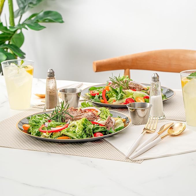 Restaurantware Plastic Plates 20 Pcs 10" Gold Rimmed Disposable Plates Heavy-Duty Black Translucent Rippled Plastic Dinner Servers for Party, Weddings, Salads, Desserts, and Appetizers