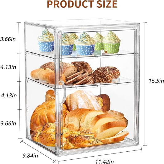 Bread Box for Kitchen Countertop Pastry Display Case 4 Layers Adjustable Clear Bread Storage Container with Magnetic Door Bread Box Bakery Display Case Bread Holder