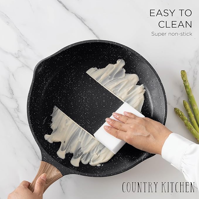 Country Kitchen Pots and Pans Set Nonstick, Cast Aluminum Kitchen Cookware Set with Utensils, 14 Pcs Non Stick Cooking Set w/Frying Pans & Saucepans, Black