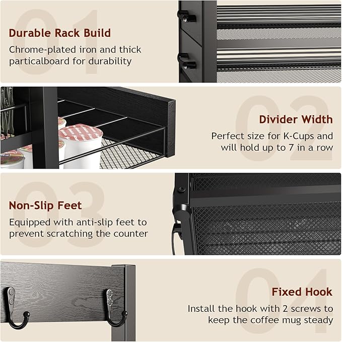 K Cup Holder Drawer - K Cup Storage Organizer, Coffee Pod Drawer with Hooks, Durable Iron-Wood Design, Space-Saving Coffee Station Organizer for Kitchen Counter