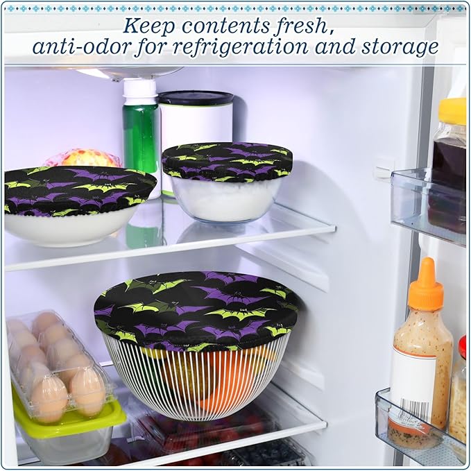 5 Pcs Bowl Covers Reusable in 5 Size Elastic Food Cover Cloth Lids Fresh Keeping Dish Cookware Bakeware Fabric Covers Lids for Food Leftovers Fruits Storage Halloween Bats