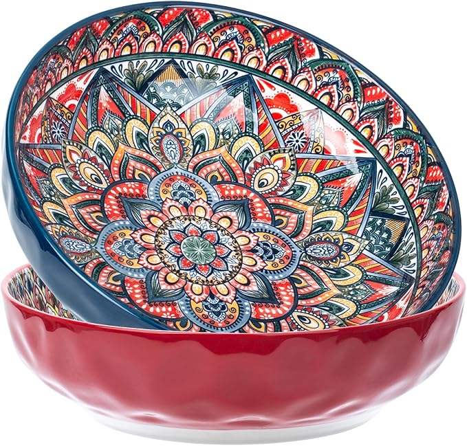 75 Oz Serving Bowls,Bohemian Style Large Porcelain Dishes for Entertaining Parties,Big Bowls for Eating Soup, Salad, Pasta, Fruit, Chips, 10.3 Inch Diameter (blue.red)