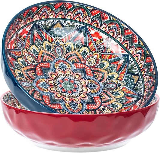 75 Oz Serving Bowls,Bohemian Style Large Porcelain Dishes for Entertaining Parties,Big Bowls for Eating Soup, Salad, Pasta, Fruit, Chips, 10.3 Inch Diameter (blue.red)