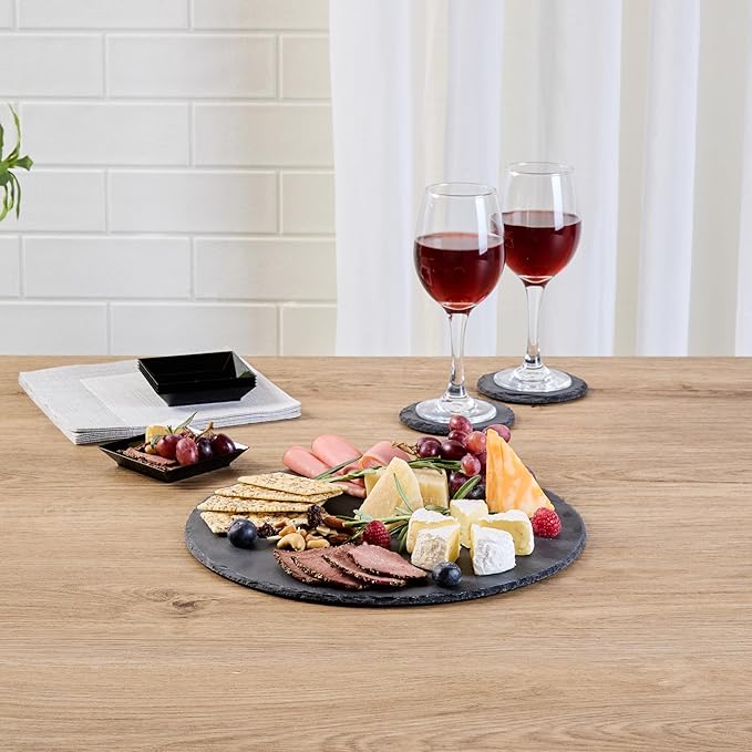 Restaurantware Slate Serving Trays 4 Pack of 11.81" Foam Feet Charcuterie Stone Plates Rustic Edges Freezable Black Square Serving Display Cheese Boards for Kitchen, Gourmet, Dining, Parties