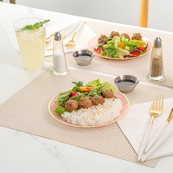 Restaurantware Plastic Plates 100 Pcs 7.25" Gold Rimmed Disposable Plates Heavy-Duty Pink Translucent Rippled Plastic Dinner Servers for Party, Weddings, Salads, Desserts, and Appetizers