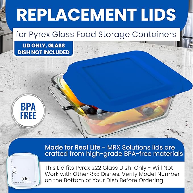 Replacement Lid for Pyrex 2-Quart 8" x 8" Glass Baking Dish #222, Compatible with Lid #222-PC, Food Storage Container Cover with Flush Tab Handles (Blue)