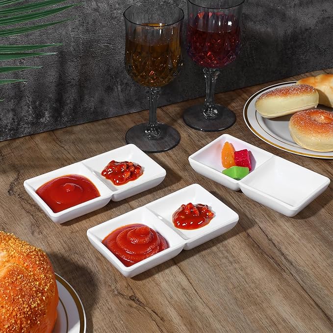 12 Pcs Dual Dipping Sauce Bowls Soy Sauce Dish Bowls Two Compartments Party Trays Divided Fondue Plates for Restaurant Kitchen Sushi Soy (White)