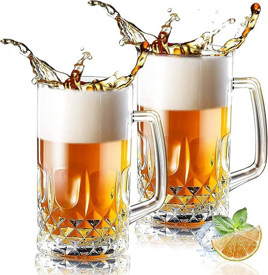 32 Ounces Beer Stein Mugs - 2 Pack Extra Large German Style Clear Tall Beer Glasses for Men - Heavy Duty Thick Glass With Handle