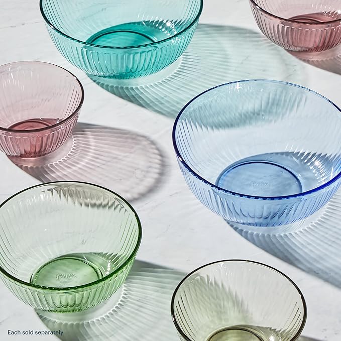 Pyrex Colors Tinted (3-Pack, Full Set) Sculpted Tinted Glass Mixing Bowls With Lids, Nesting Space Saving Set of Bowls For Prepping and Baking, 1.3QT, 2.3QT & 4.5Q, Blue