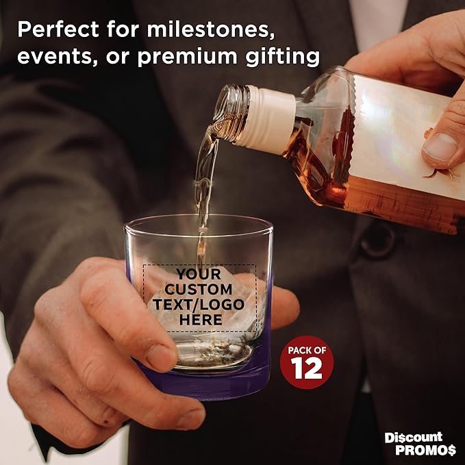 Custom Lexington Rocks Whiskey Glass 10.5 oz, Set of 12, Personalized Bulk Pack - Perfect for Scotch, Bourbon, Whiskey, Cocktail - Purple