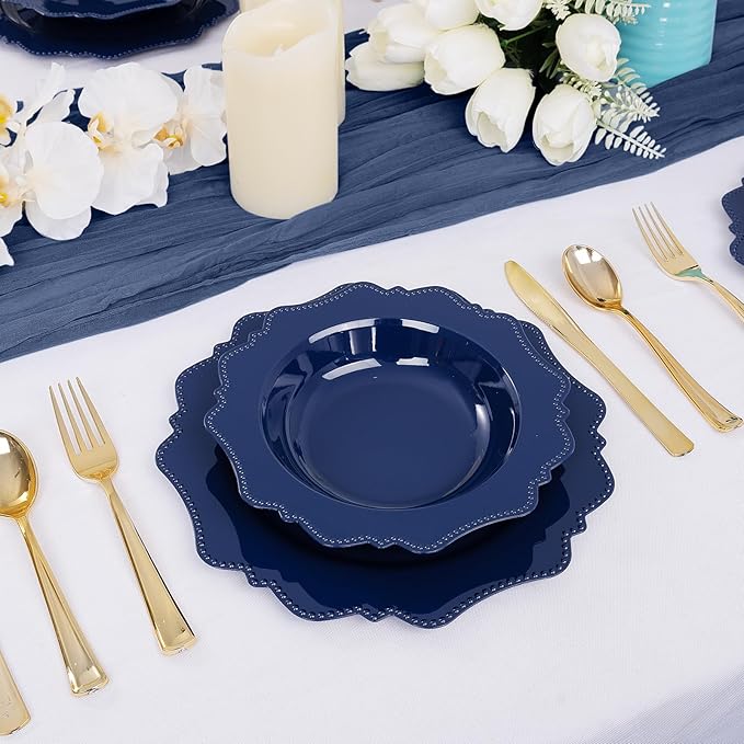 COLOSUS Navy Blue Plastic Party Bowls (60 Pack) 12 Oz Disposable Soup/Salad Bowl, Fancy Shatterproof Dinnerware for Catering, Holidays, Weddings, and Everyday Use