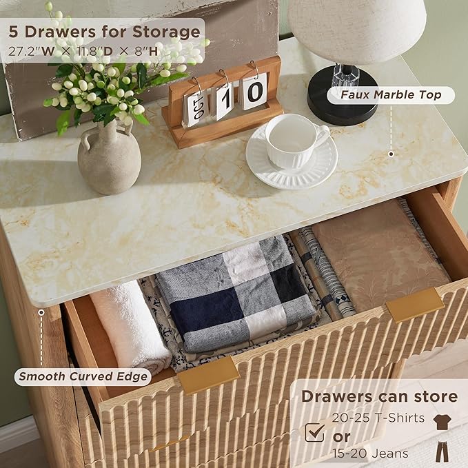 T4TREAM Fluted 5 Drawers Dresser, 48" Tall Modern Chest of Drawers with Faux Marble Top, Curved Profile Design, Wood Drawer Organizer for Bedroom, Living Room, Hallway, Entryway, Natural Oak