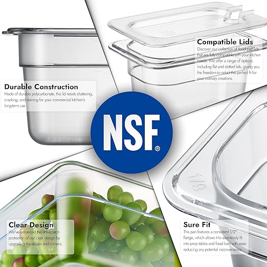 CURTA 6 Pack NSF Food Pans, 1/9 Size 4 Inch Deep, Commercial Polycarbonate Plastic Clear Freezer-Safe
