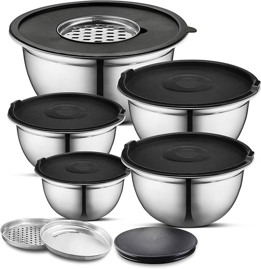 AVADOR Premium Brushed Stainless Steel Mixing Bowls Sets, Easy To Clean, Space Saving, Great for Cooking, Baking, Prepping Needs 0.25qt, 1qt, 1.5qt, 3qt, 5qt (8 pc with Lid and Grater)