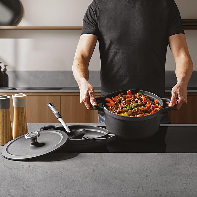 BergHOFF Graphite 3Pc Enameled Cast Iron Cookware Set With Self-basting Universal Lid, Induction Pots and Pans, Oven-to-Table Cookware, For Slow Cooking