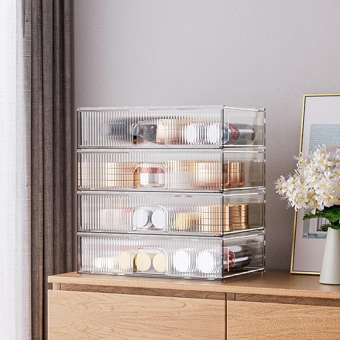 ZHIAI Stackable Storage Drawer, 4 Piece Acrylic Organiser for Cosmetics and Beauty Products, Suitable for Dressers, Bathrooms, Cabinets, Storage Rooms, Bedrooms and Home Organisers