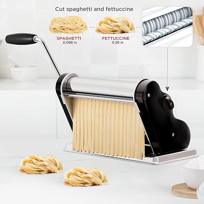PASTALINDA Classic 260 Pasta Maker Machine, 26 cm Wide Rollers, 9 Thickness Positions, 2 Cutting Positions, Stainless Steel. Includes Reinforced Hand Crank And Two Clamps (Black)
