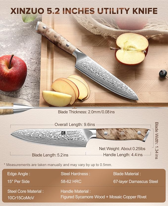 XINZUO 5.2-inch Damascus Steel Petty Knife,67-layer Steel,Perfect for Cutting Fruit and Vegetables Peeling Multipurpose Kitchen Knife with Figured Sycamore Handle