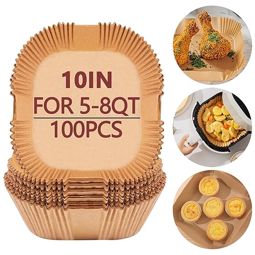 10 Inch Air Fryer Liners Disposable, 100 Pack Parchment Paper Sheets for Air Fryer Basket, Non-Stick, Disposable, Unbleached, Heat Resistant, Fits 5-8 QT Air Fryers, Oil-Free & Healthy Cooking