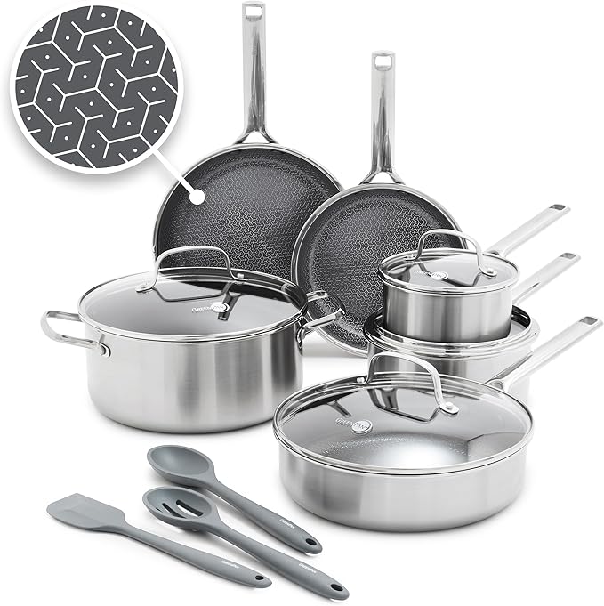 GreenPan Hybrid 13 Piece Nonstick Stainless Steel Cookware Set, APEX Tri-Ply Thermobond PFAS-Free Ceramic Pots & Pans, Induction & All Cooktop Compatible, Oven Temp to 850°F, Dishwasher Safe, Silver