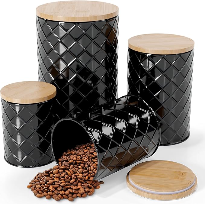 Pebble & Stem® Black Metal Canister Set for the Kitchen Counter, Food Canister Set of 4, Airtight Lids, Sugar and Flour Containers for Countertops, Coffee and Tea Storage, Farmhouse Decor