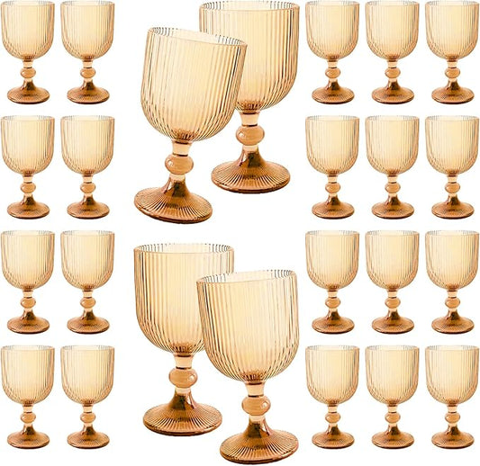 24 Pcs Vintage Wine Glasses, 11 Ounces Colored Glass Water Goblets, Colorful Unique Embossed Pattern High Clear Stemmed Glassware Wedding Party Bar Glass Drinking Cups Vertical Line Amber Set of 24