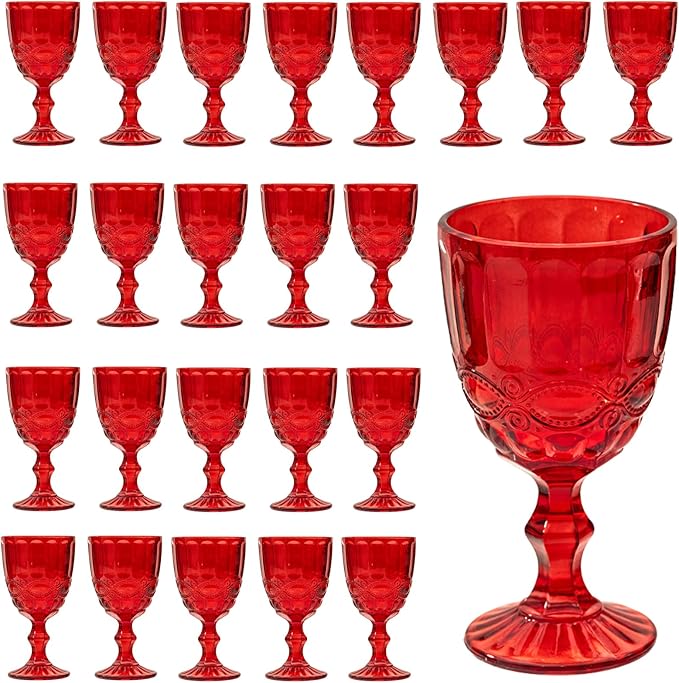 24 Pcs Vintage Wine Glasses, 10 Ounces Colored Glass Water Goblets, Unique Embossed Pattern High Clear Stemmed Glassware Wedding Party Bar Glass Drinking Cups, Floral Red Glasses Set of 24