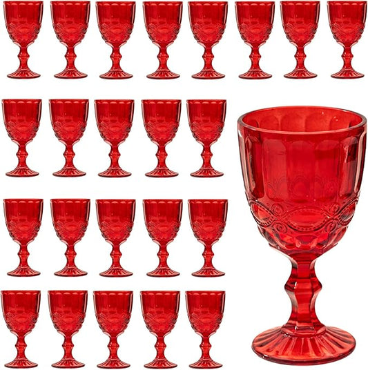 24 Pcs Vintage Wine Glasses, 10 Ounces Colored Glass Water Goblets, Unique Embossed Pattern High Clear Stemmed Glassware Wedding Party Bar Glass Drinking Cups, Floral Red Glasses Set of 24