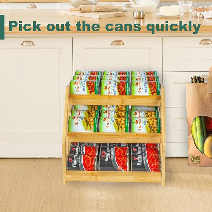 MinBoo Bamboo Can Rack Organizer, Kitchen Pantry Storage, 36 Can Capacity, Tilt Design