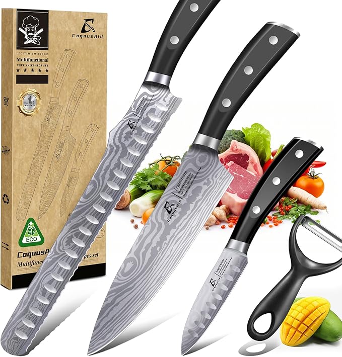 Essential 4-Piece Kitchen Knife Set,Sharp German Steel Knives Sets(Chef's Knife, Paring Knife, Bread Knife + Peeler) for Home Cooking BBQ,Gift Box included