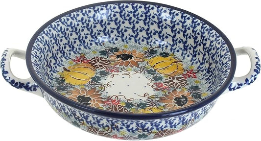 Blue Rose Polish Pottery - Brown Harvest Bounty Mini Casserole with Handles - 6.75" Diameter - Unique, Dishwasher Safe, & Durable Bakeware